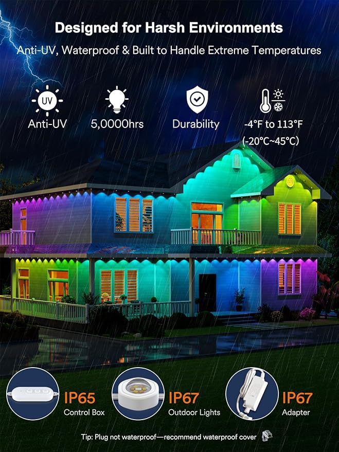 ANGELHALO Permanent Outdoor Lights Pro 155ft with 108 LED Lights for Daily and Accent Lighting Multiple Scene Modes Eaves Lights with Warm and Cool White Light IP65 Waterproof Works with Alexa