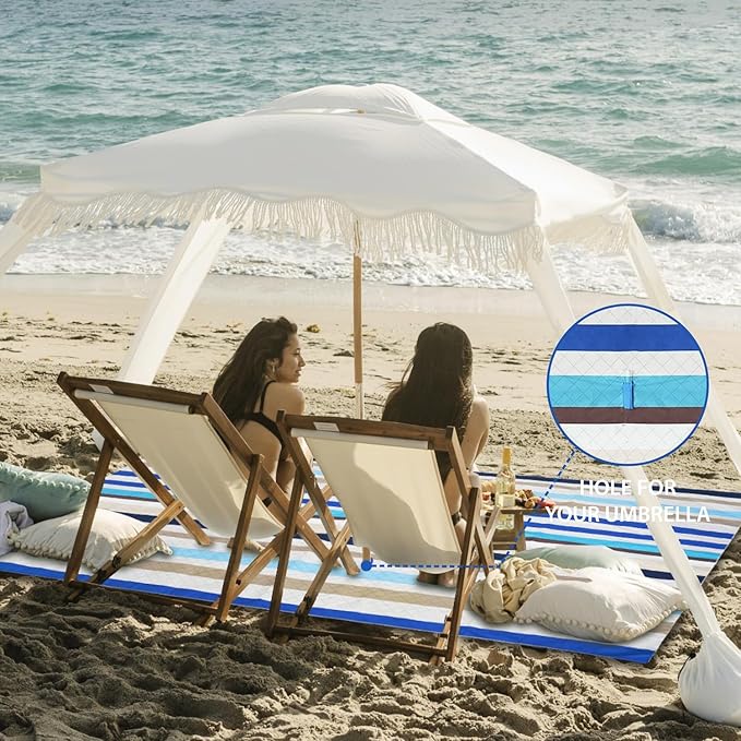 AMMSUN Beach Cabana with Beach Blanket 6.5' x 6.5' Boho Canopy with Tassels Premium Wood Pole Fringe Cabana Tent with Sand Pockets Instant Sun Shade for Sand Garden Outdoor Elegant White