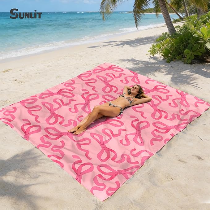 Sunlit Large Beach Blanket Waterproof Sand Proof 81 x106 Sand Free Beach Mat Anchored Pockets and Storage Bag for Travel Beach Camping Outdoor Festival Coquette Pink Bow