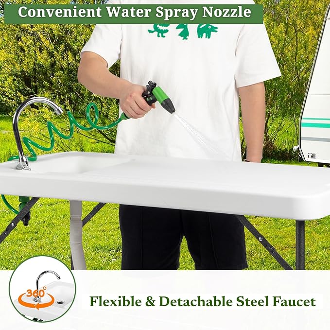 VINGLI Upgarded Folding Fish Cleaning Table with Sink Portable Camping Sink Table with Grid Rack &amp Sprayer Fish Fillet Cutting Table with Drainage Hose for Patio Backyard BBQ…