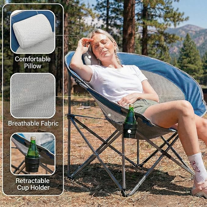 #WEJOY Folding Camping Chair Oversized Moon Chairs for Adult Support Up to 300lbs Mesh Saucer Chairs with Headrest and Cup Holder for CampingLawnHikingPicnicSports(Cyan/Grey)