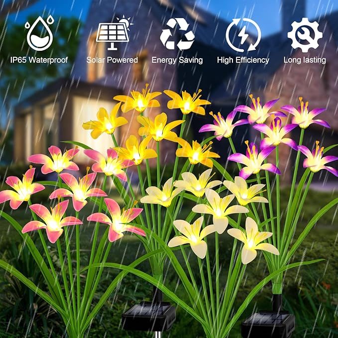 Solar Garden Lights New Upgraded Solar Wild Lily Flower Lights Yard Patio Pathway Deco High Flexibility Copper Wire &amp Handmade Silk Artificial Flowers Never Wither Gift for Family Friends