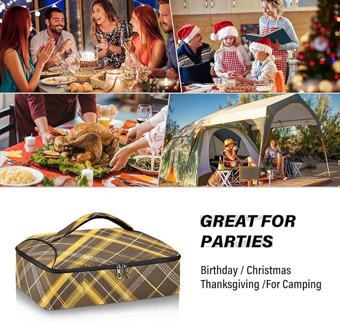 Casserole Carrier Yellow and Brown Tartan Pattern Insulated Casserole Carrier for Hot or Cold Food Thermal Lunch Tote for Parties Picnic Travel Carry Bag