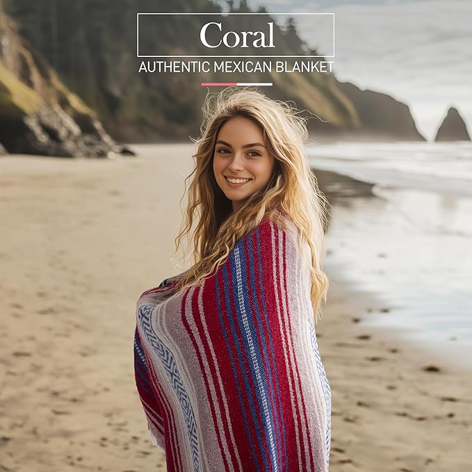 Hydration Nation Authentic Mexican Serape Blanket - Soft &amp Durable - Lightweight Falsa - Coral 70x50
