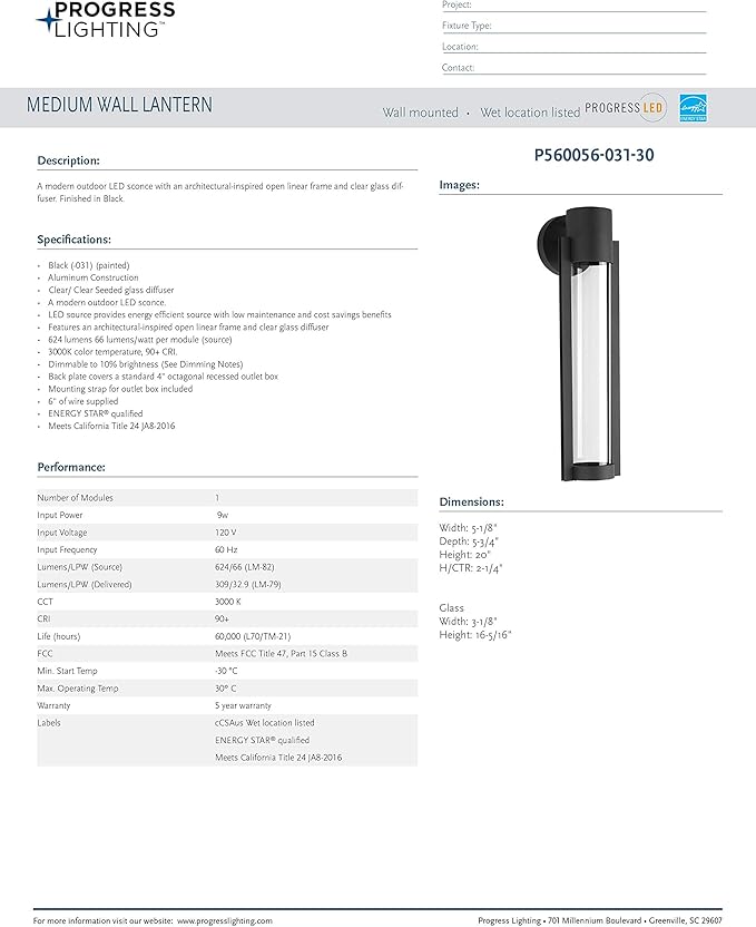 Progress Lighting Z-1030 LED Collection 1-Light Clear Glass Modern Outdoor Medium Wall Lantern Light Textured Black 20.00x5.13x5.13
