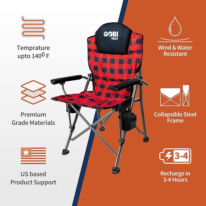 Terrain Heated Camping Chair - 9 hrs of Heat | with Battery &amp Charging Cable | 3 Heat Settings (Plaid)