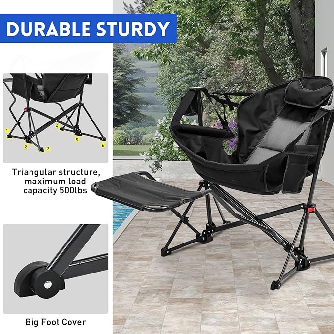 Hammock Camping Chair with Leg RestLightweight Portable Outdoor Chair for Camping and Hiking Supports 350lbs-Black