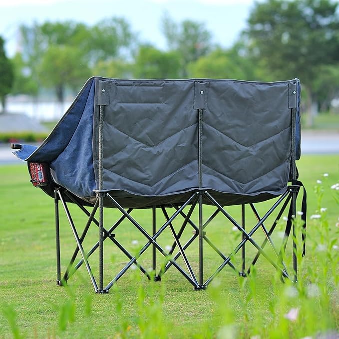 Portable Double Folding Love Seat Padded Camping Chair with Cup Holder Navy Blue and Gray
