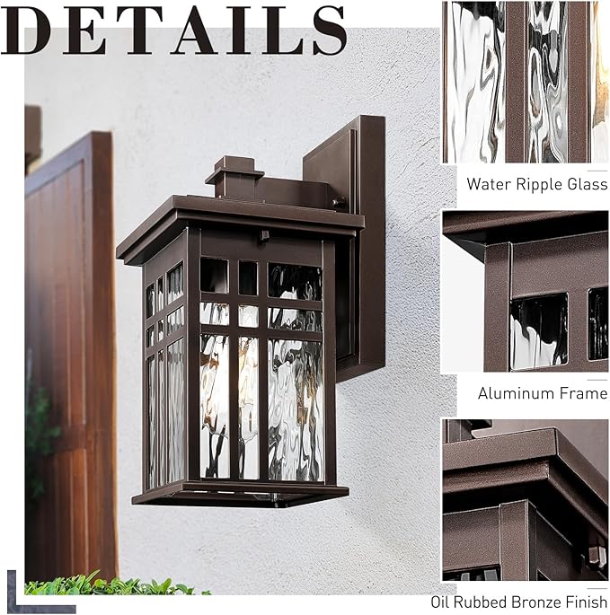 zeyu 12 Inch Patio Wall Light Fixture 2 Pack Outdoor Modern Wall Lights Die-Cast Aluminum Oil Rubbed Bronze Finish with Water Ripple Glass Glass 20068B1-2PK ORB WP