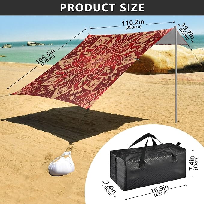 Mandala Red Beach Tent Sun Shelter 9.2' x 10.5' Beach Canopy with 4 Sandbags 4 Stability Poles Sand Shovels - Tent Canopy for Beach Camping Fishing Picnics