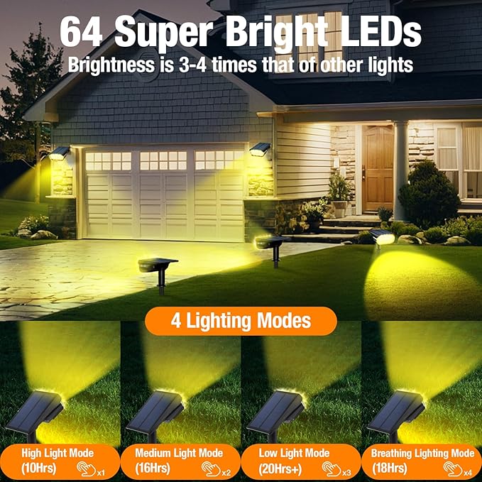 4 Pack Solar Spot Lights Outdoor 1000 Lumens 64 LEDs IP67 Waterproof Landscape Lighting with 4 Modes - 2-in-1 Solar Spotlight &amp Pathway Light for Garden Yard Patio Decor Warm White