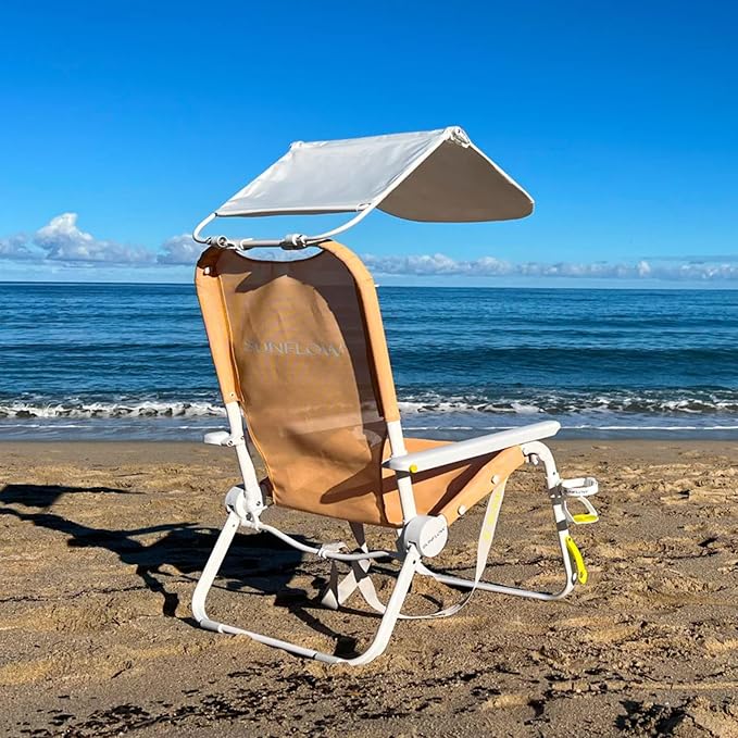 SUNFLOW Shore Thing Premium Beach Chair - Adjustable Portable Rust-Resistant Reclining Beach Chair with UPF 50+ Sun Shade and Drink Holder for The Ultimate in Comfort (Creamsicle)