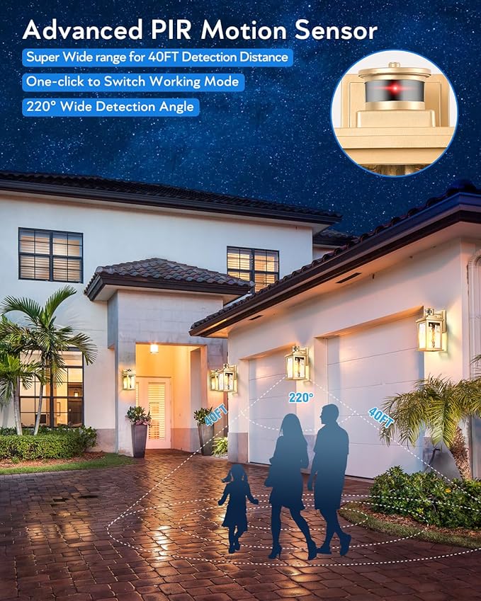 VIANIS 2 Pack Motion Sensor Outdoor Lights Lantern Dusk to Dawn Exterior Lights for House Gold Anti-Rust Porch Lights Sconce Garage Lights Wall Mount for Patio Doorway UL Listed