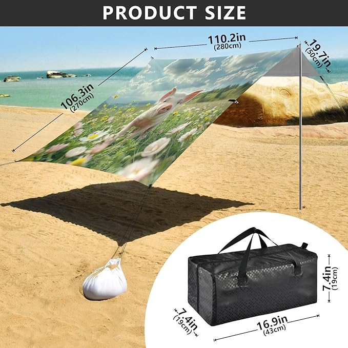 Cute Frolicking Piglet Beach Tent Sun Shelter 9.2' x 10.5' Beach Canopy with 4 Sandbags 4 Stability Poles Sand Shovels - Tent Canopy for Beach Camping Fishing Picnics