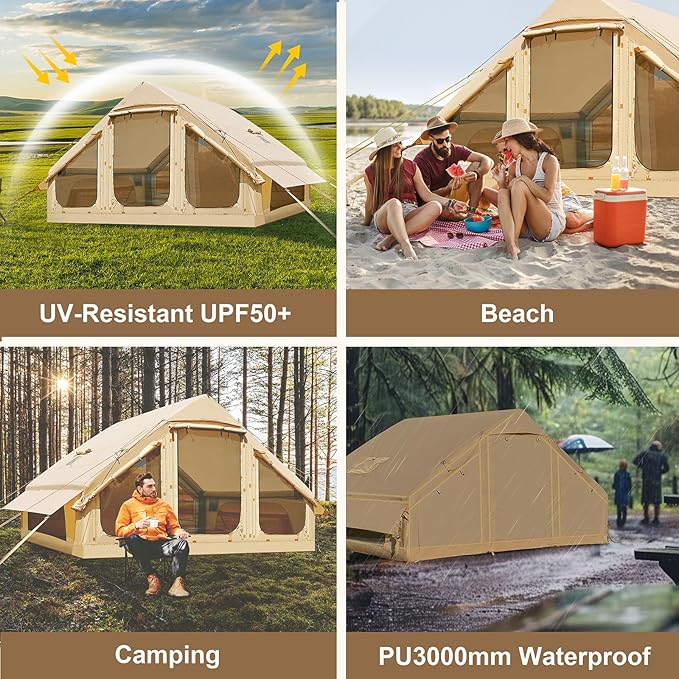 Inflatable Tents for Camping Blow Up Tent with Hand Pump Easy Setup Inflatable Hot Tent with Stove Jack Doors Mesh Windows Waterproof Oxford Air Glamping Tents for Camping 4 Person