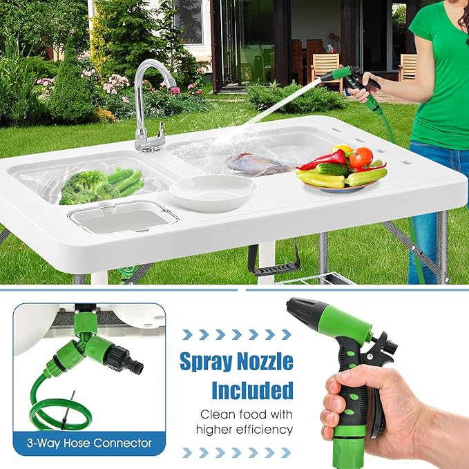 Goplus 40'' Folding Fish Cleaning Table with Dual Water Basins Faucet Drainage Hose &amp Sprayer Portable Camping Sink Table Outdoor Fish Fillet Cleaning Station with Grid Rack for Picnic