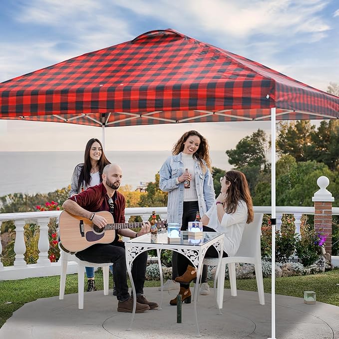 EAGLE PEAK Pop Up Canopy Tent with Wheeled Carry Bag 8 Stakes 4 Ropes 4 Weight Bags Easy Set Up Tent Canopy 10x10 ft 100sqft of Shade Red Plaid