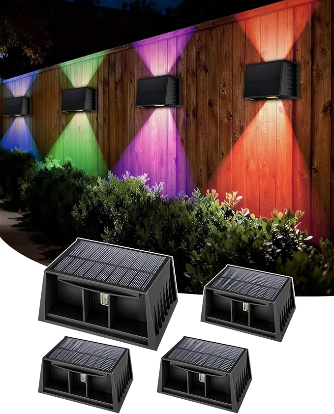 CORESLUX Solar Fence Lights Outdoor Up and Down Outdoor Wall Lights IP65 Waterproof Solar Fence Lights Color Changing Outdoor Solar Lights for Backyard/Railing/Wall/Step/Patio 4PCS