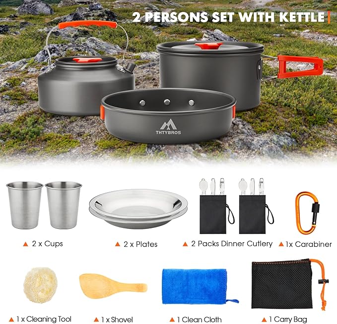 17pcs Camping Cookware Kit 0.45Gal Pot 7inches Pan0.30Gal Kettle Set with 2 Set Stainless Steel Cups Plates Forks Knives Spoons for Hiking