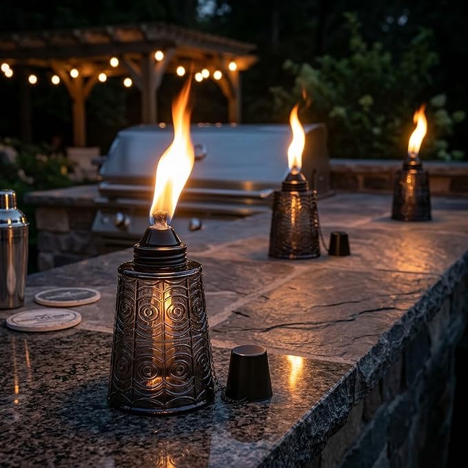 Seraphic Citronella Table Top Torches for Outdoor Patio 16oz Decorative Glass Torch Citronella Candles for Outside Deck Garden Parties Set of 3 Black