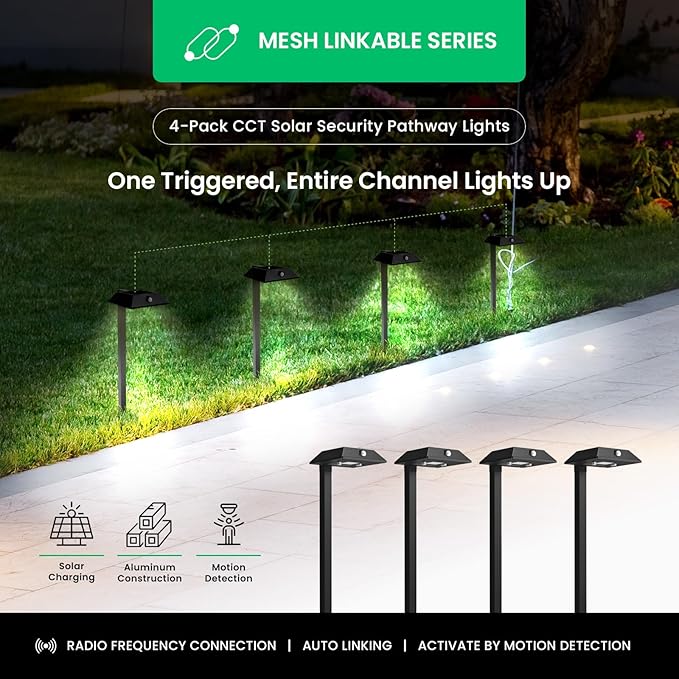 Mesh Linkable Series 4-Pack Solar LED Security Pathway Light w/ LiFePO4 Battery 300LM Auto-linking 110°x16 ft Motion Detection CCT 3000K/4000K/5000K 4-Channel Settings Stainless Steel Black
