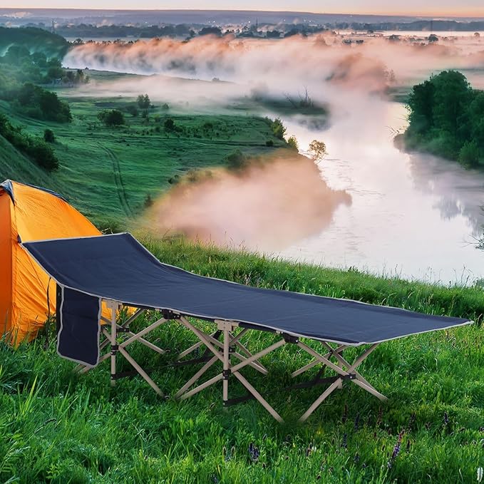 Folding Camping Cot for Adults with Carry Bag &amp Side Pocket Outdoor Portable Sleeping Bed for Camping Travel Vacation 330 lbs. Capacity