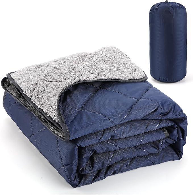 Aulock 55''W x 60''L Warm Outdoor Stadium Blanket Waterproof - Portable &amp Windproof Navy Blanket with Sherpa Fleece Lining for Camping Winter Cold Weather