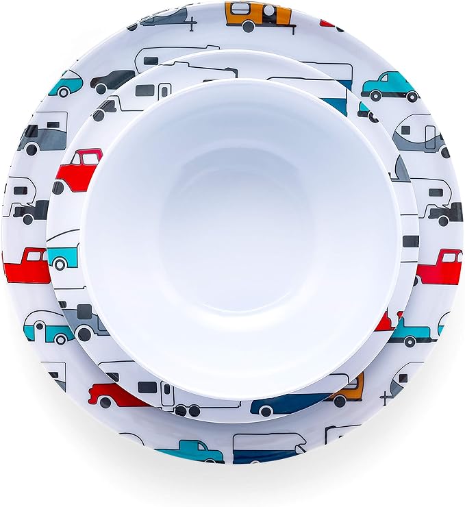 Camco Life is Better at the Campsite Dishware Set | Includes (4) large dinner plates (4) small salad plates and (4) bowls | Top rack dishwasher safe | Multi-color RV and truck design (53295)
