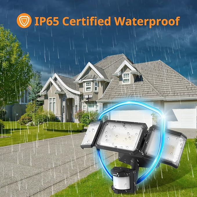 LEPOWER Battery Powered LED Flood Light Outdoor1500LM Motion Sensor Security Lights IP65 WaterproofWireless Flood Light Battery Operated3 Head Motion Detector Light for GarageYardPorch(Black)