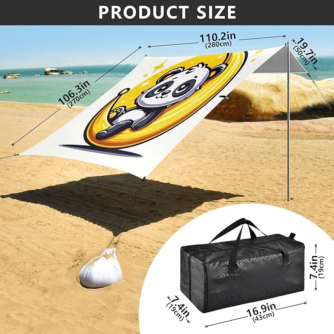 ALAZA Cute Panda Crescent Moon Beach Tent Sun Shelter UPF50+ Protection Beach Shade Canopy w/ 4 Sandbags for Outdoor Camping Fishing Backyard Fun Picnic 10x9 ft