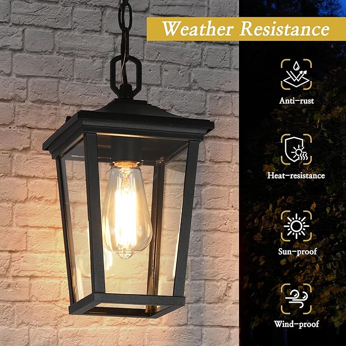 LALUZ Outdoor Pendant Light Weather-Resistant Hanging Lantern Light with Clear Glass Modern Farmhouse Exterior Lighting for Porch Gazebo Entryway Patio
