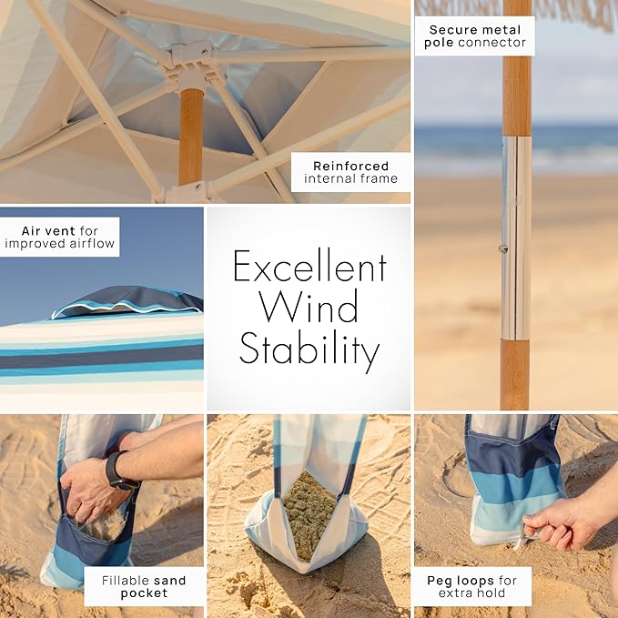 Premium Beach Cabana - Umbrellissimo Signature Blue Ombre. Includes Sand Anchor Designer Canvas Prints &amp Fringe finishes Sand Pockets pegs Carry Bag. Easy Set up 6.6'x6.6' of Cool UPF50+ Shade