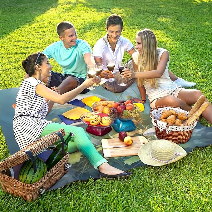 Waterproof Sandproof Beach Blanket 59''×68'' Mushrooms Polyester Outdoor Picnic Blanket with 4 Stakes &amp Storage Bag for BeachCampingVacation Sea Blue
