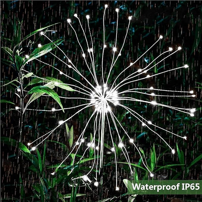 Solar Firework Lights 2Pcs Garden Lights Outdoor Waterproof 120 LED with 8 Modes Twinkling and Steady-On Festive daysStarburst Lights for Path Patio Yard (Cool White)