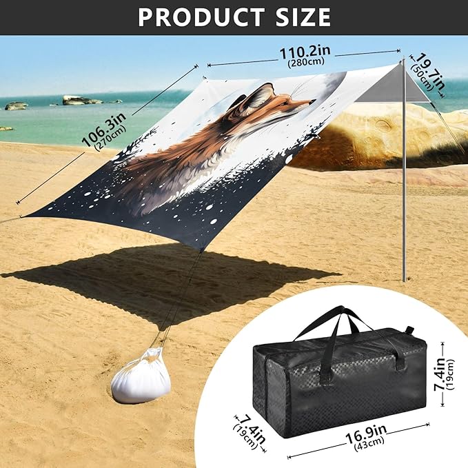 Camping Sun Shelters Hand Drawn Watercolor Fox Beach Canopy 126 * 110.2in