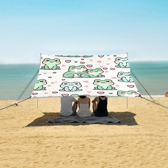 Cute Frog Love Camping Sun Shelter Beach Tent Portable Beach Sun Shade Outdoor Canopy for Camping Trips Fishing Picnic