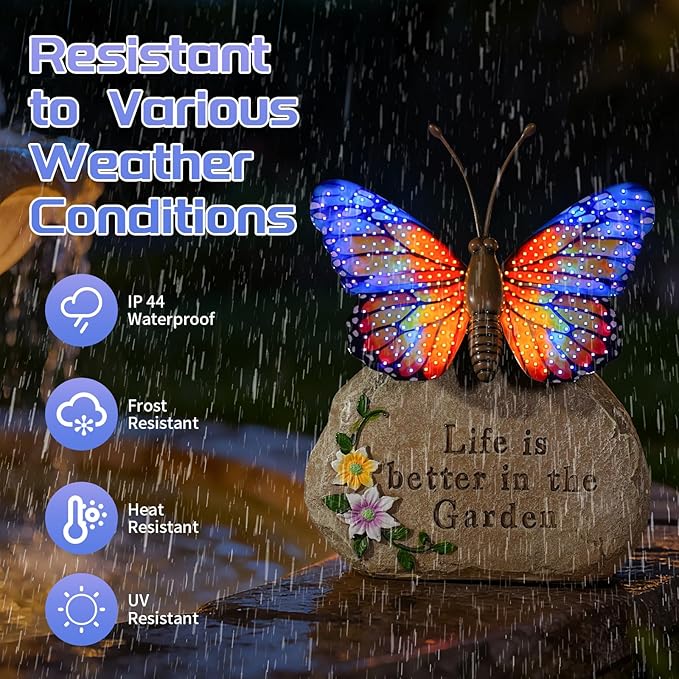 Solar LED Butterfly Garden Statue with Sparkling Light-Up Wings - Outdoor Yard Patio Decor Figurine for Women Mom Grandma (Orange)