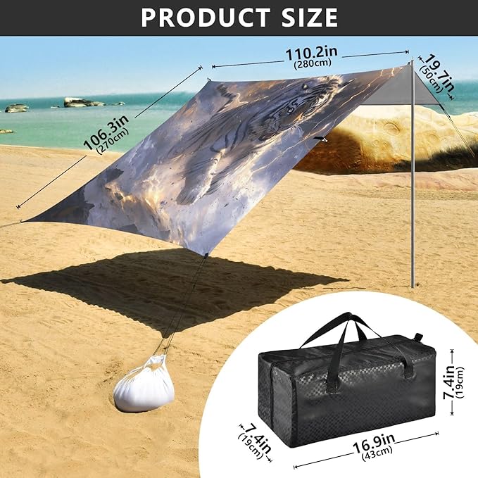 ALAZA Tiger Lightning Beach Tent Sun Shelter UPF50+ Protection Beach Shade Canopy w/ 4 Sandbags for Outdoor Camping Fishing Backyard Fun Picnic 10x9 ft