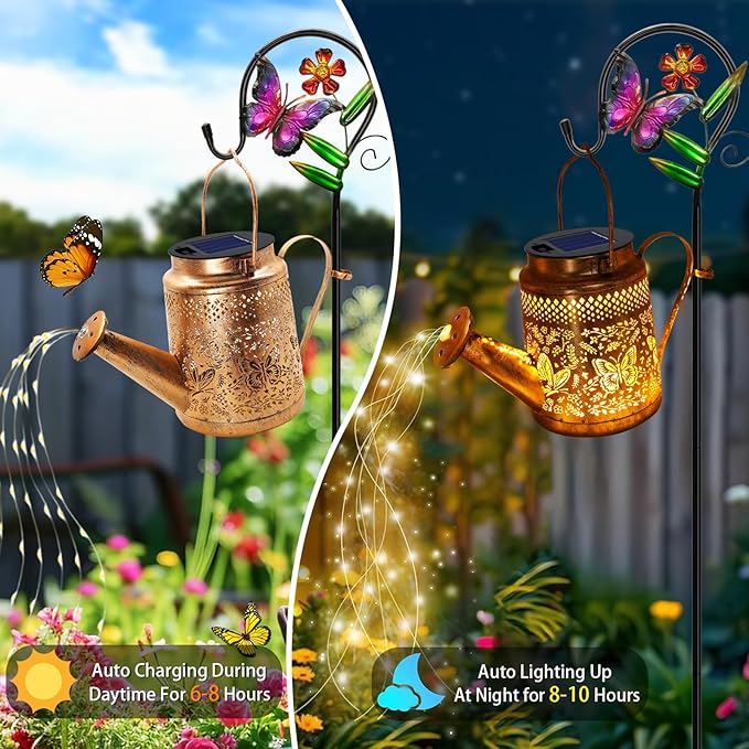 Solar Watering Can Lights Butterfly Hanging Lantern Solar Lights Outdoor Waterproof Garden Decor Outside Patio Yard Pathway Backyard Gardening Gifts for Mom Grandma Women Birthday Mother's Day