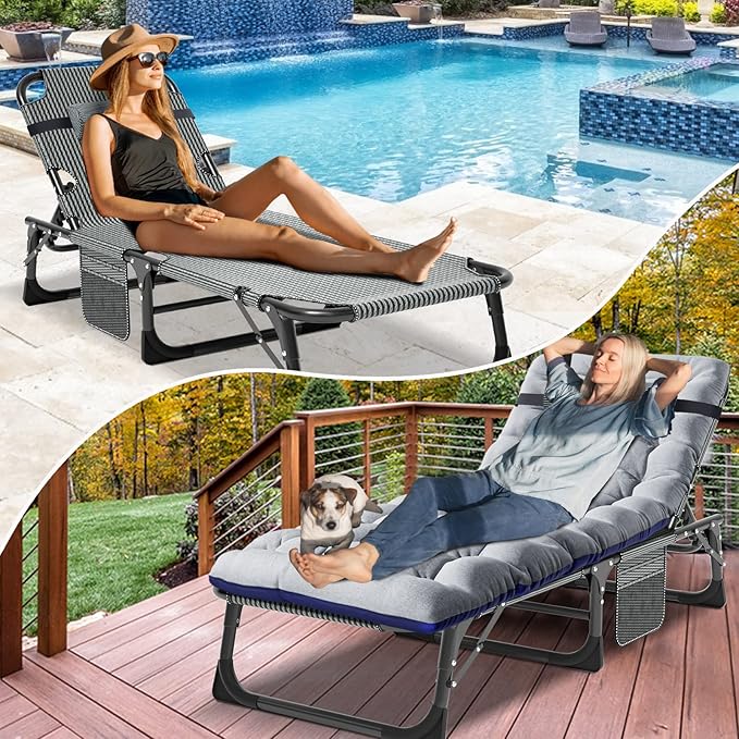 NAIZEA Folding Camping CotsAdjustable 4-Gear Sleeping Cots for AdultsFoldable Cot Bed Folding Chaise Lounge ChairPortable Reclining Chair for Beach Lawn Camping PoolSunbathing Chairs