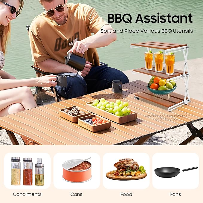 3-Tier Wooden Folding Outdoor Camping Table with Tote BagPortable Camping Shelves Lightweight Camp Storage Rack Outdoor Folding Table for Picnic Beach Fishing Hiking Cooking Backpacking Travel