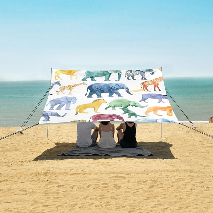 African Animals Silhouettes Seamless Pattern Camping Sun Shelter Beach Tent Portable Beach Sun Shade Outdoor Canopy for Camping Trips Fishing Picnic