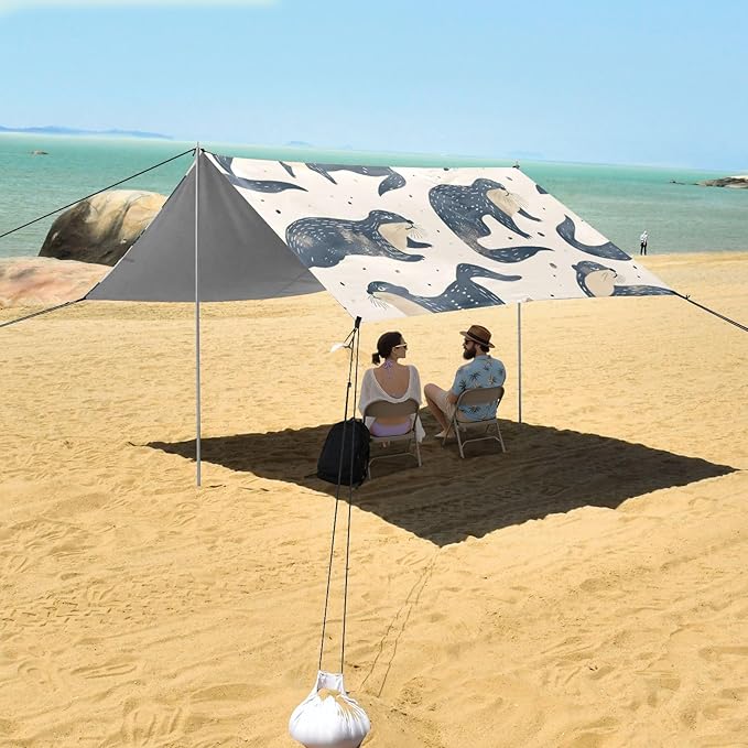 Otters Pattern Beach Tent Sun Shelter 9.2' x 10.5' Beach Canopy with 4 Sandbags 4 Stability Poles Sand Shovels - Tent Canopy for Beach Camping Fishing Picnics