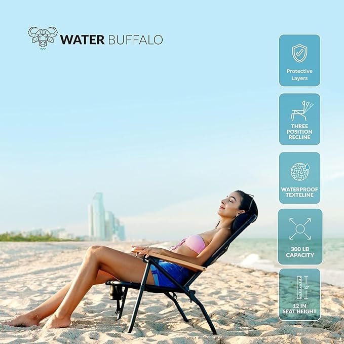 Water Buffalo Bondi Beach Chair – Backpack Beach Chair for Adults with Reclining Positions Cup Holder &amp High Back Support
