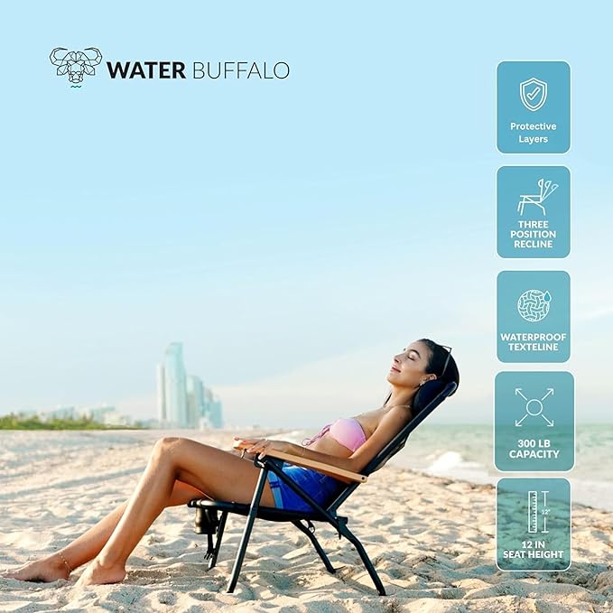 Water Buffalo Bondi Beach Chair – Backpack Beach Chair for Adults with Reclining Positions Cup Holder &amp High Back Support