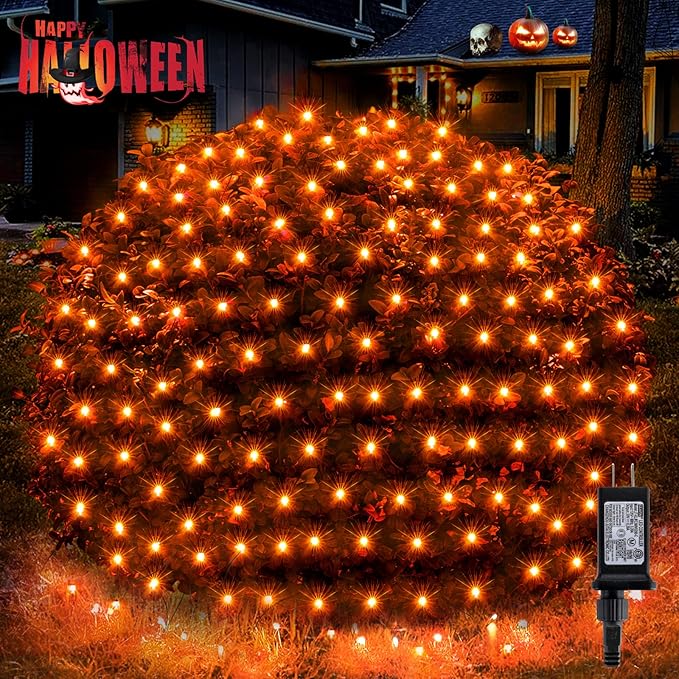 BlcTec Halloween Lights 200 LED 8.4ft x 5.2ft Orange Net Lights with 8 Modes UL Certified Timer Connectable Waterproof Dark Green Wire for Trees Bushes Shrub Lawn Halloween Decorations Outdoor