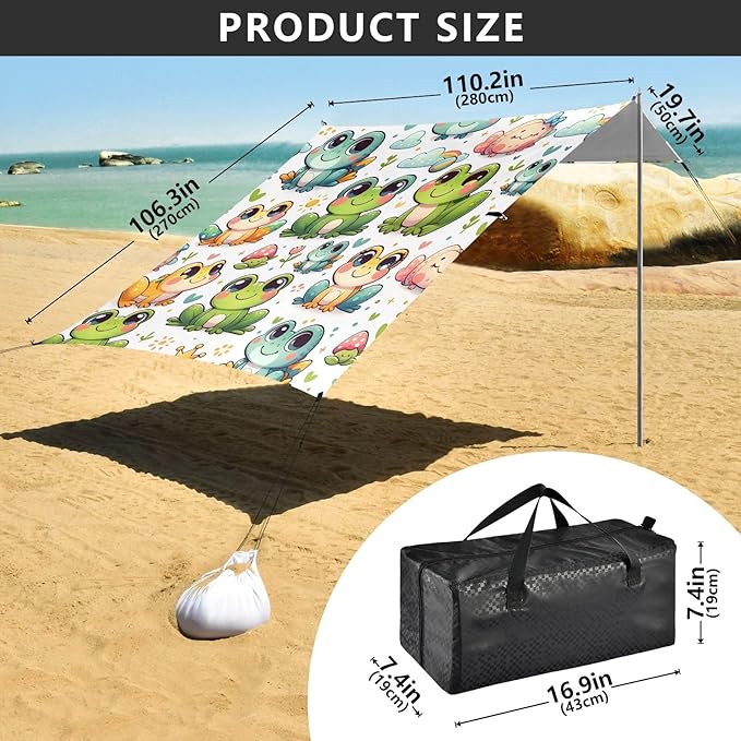 ALAZA Cartoon Frog Cute Animal Beach Tent Sun Shelter UPF50+ Protection Beach Shade Canopy w/ 4 Sandbags for Outdoor Camping Fishing Backyard Fun Picnic 10x9 ft