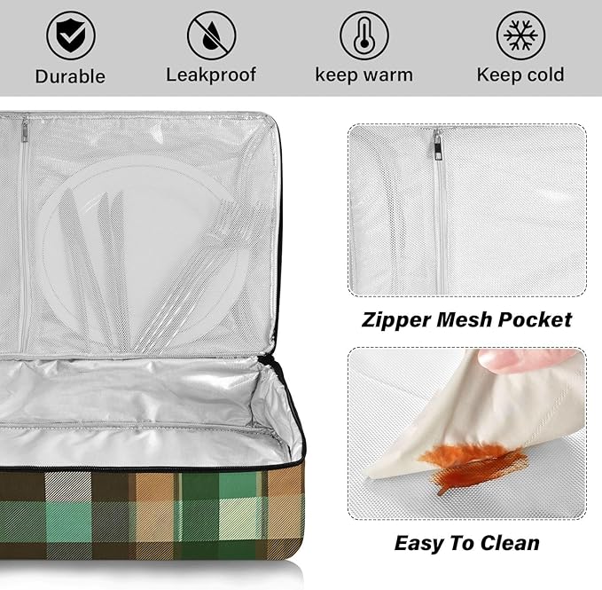 Casserole Carrier Green Brown Tartan Plaid Print Insulated Casserole Carrier for Hot or Cold Food Thermal Lunch Tote for Parties Picnic Travel Carry Bag