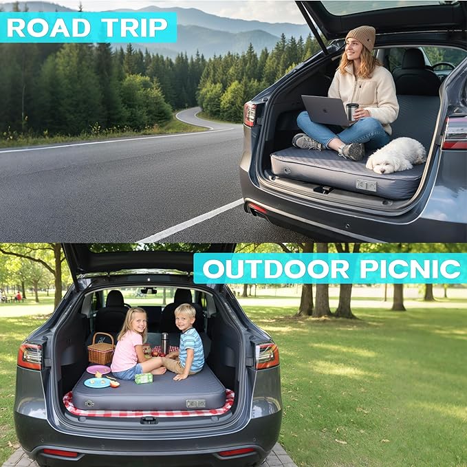 UPWELL Self Inflating Sleeping Pad Truck Camping Thick Mattress for Tesla Model Y Solid Foam 4 Season Car Bed Mattress Portable Roll Up Bed Greywith air Pump