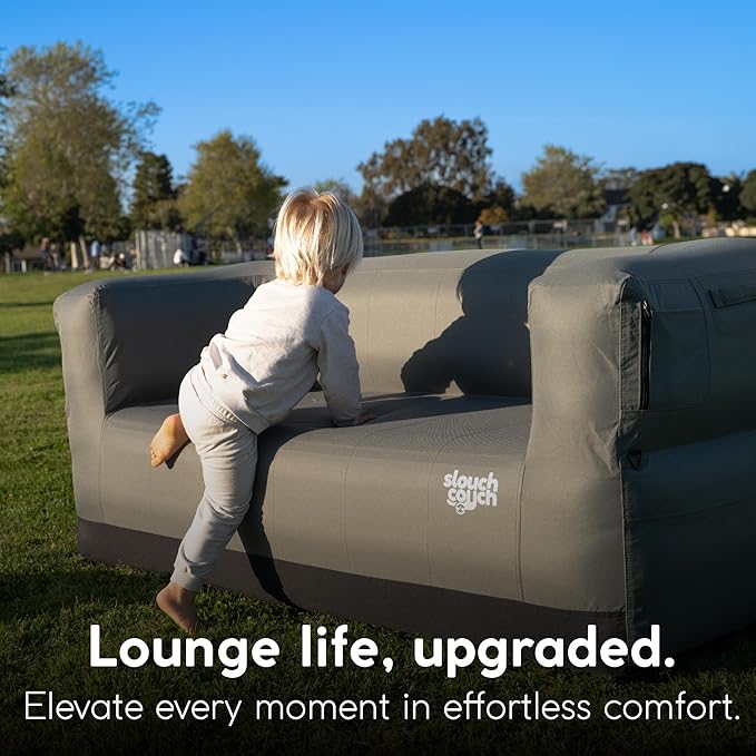 Slouch Couch | Air Sofa with Built-in Pump Hidden Cup Holders Storage Pockets | Durable Blow Up Couch with High-Performance Fabric for Camping Beach Home &amp Outdoors (Happy Camper)